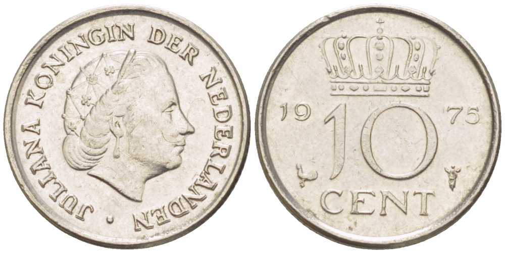 НИДЕРЛАНДЫ 10 ЦЕНТОВ 1975 ЮЛИАНА (1948-1980) KM 182 никель 116-925