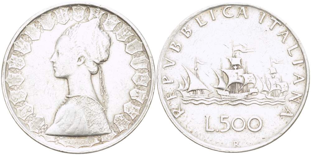 Италия 500 лир 1960 R, корабли Колумба KM 98 серебро 4531-126