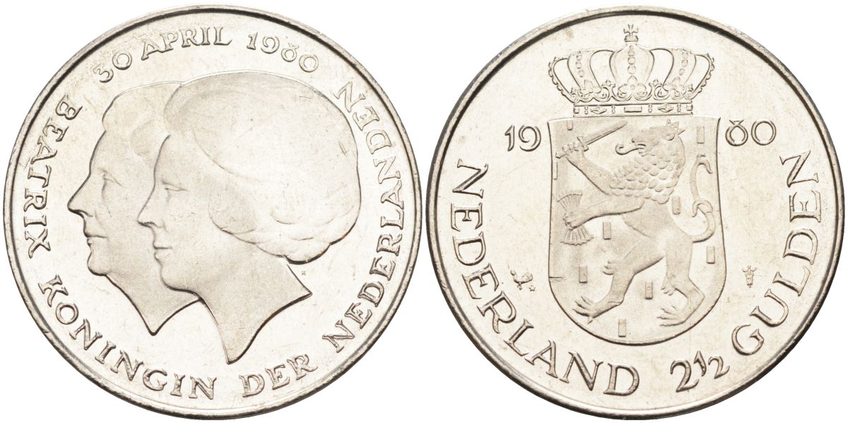 Нидерланды 2 1/2 гульдена 1980 коронация Беатрикс, 30 апреля 1980 KM 201 никель 4593-611