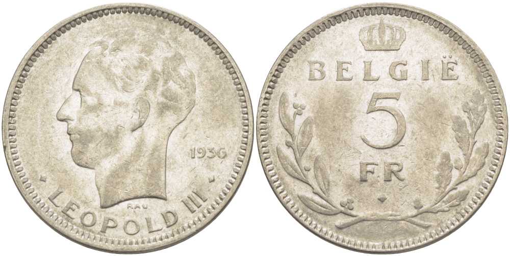 Бельгия 5 франков 1936 Леопольд III (1934-1951), Belgie KM 109 никель 3851-531