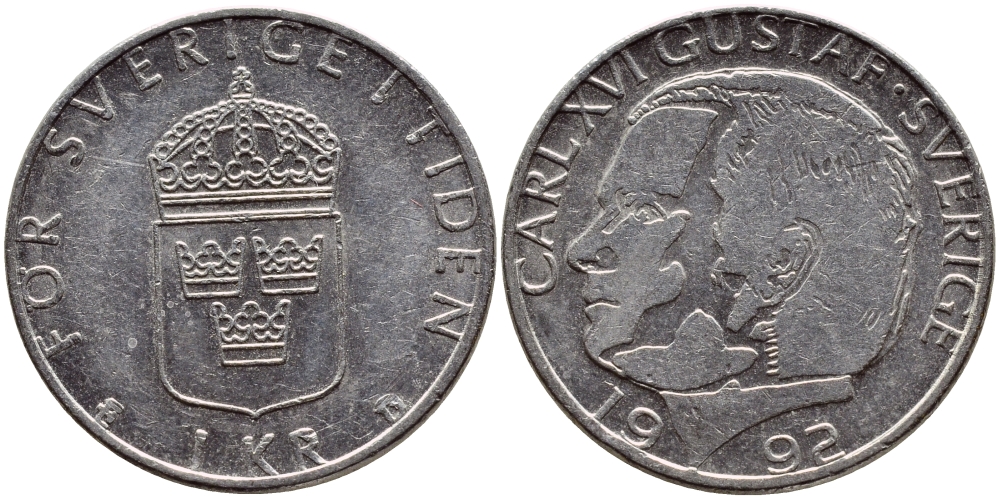 Швеция 1 крона 1992 Карл XVI Густав (1973- ) KM 852a медно-никель 4384-634