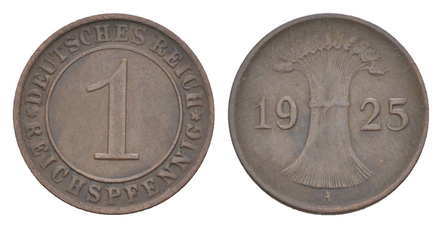 Германия 1 рейхспфенниг 1925 A KM 37, J. 313 бронза 4644-1032