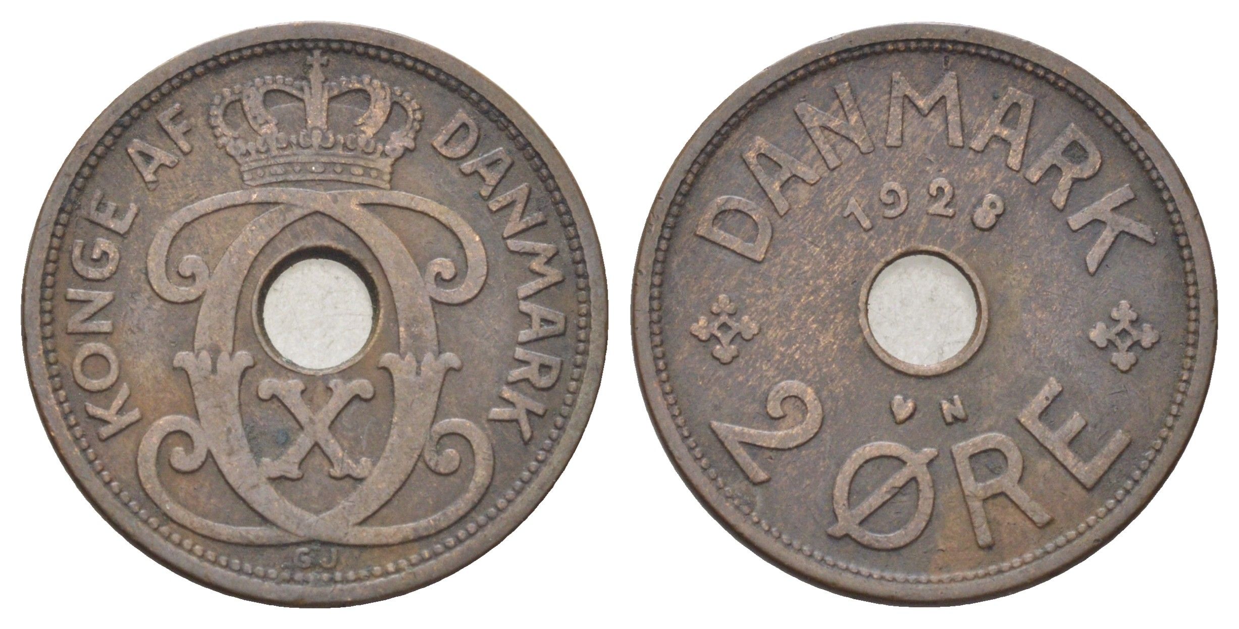 Дания 2 эре 1928 N, Кристиан X (1912-1947) KM 827 бронза 4701-663