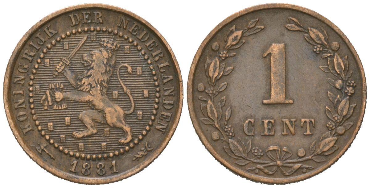 Нидерланды 1 цент 1881 Виллем III (1849-1890) KM 107 бронза 4154-426