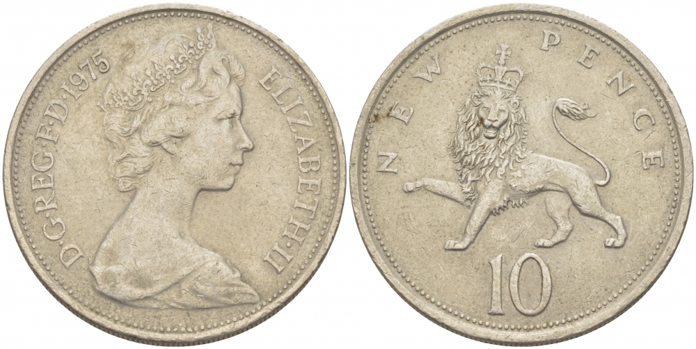 Великобритания 10 пенсов 1975 Елизавета II (1952-2022) KM 912, Spink 4231 (F1) медно-никель  4403-723
