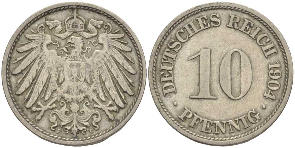 ГЕРМАНИЯ 10 ПФЕННИГОВ 1904 F KM 12, J. 13 медно-никель 34-135