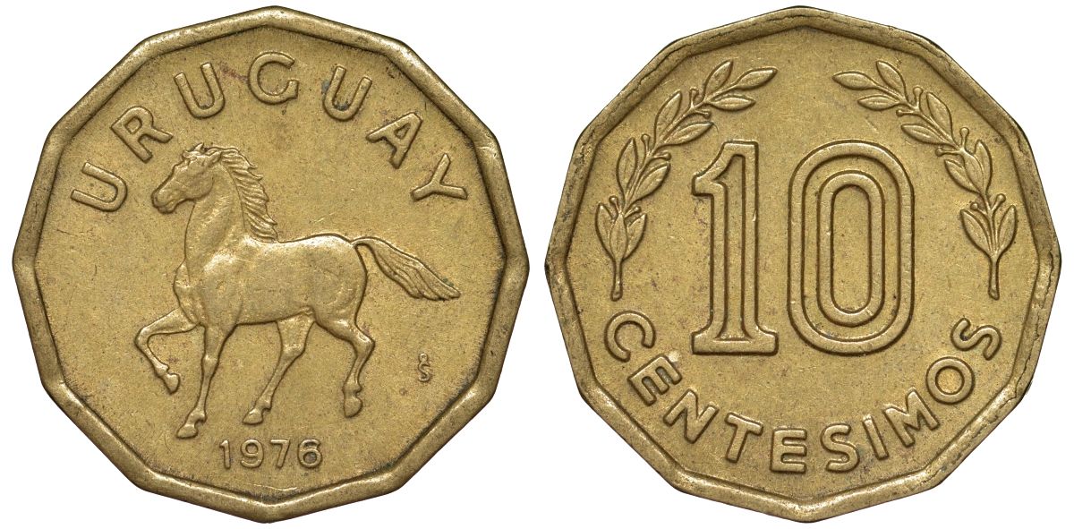 Уругвай 10 сентесимо 1976 KM 66 алюминиевая бронза 4164-726