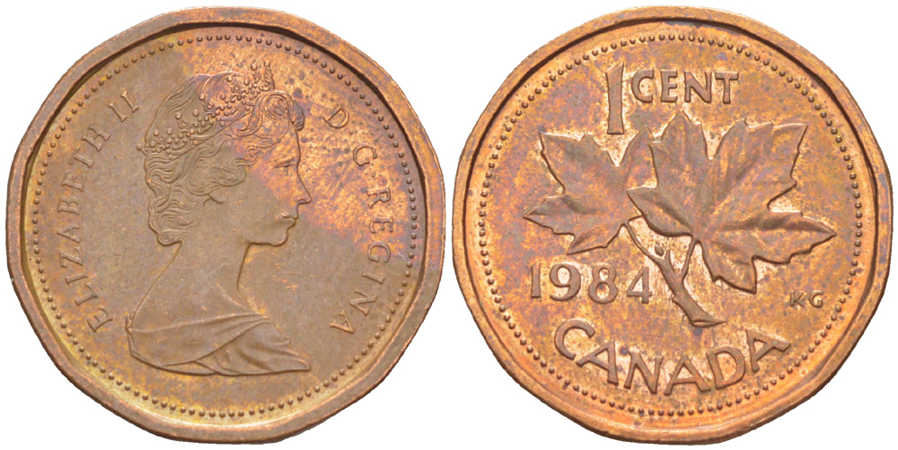 КАНАДА 1 ЦЕНТ 1984 КЛЕНОВЫЙ ЛИСТ, ЕЛИЗАВЕТА II (1953-) KM 132 бронза 39-931