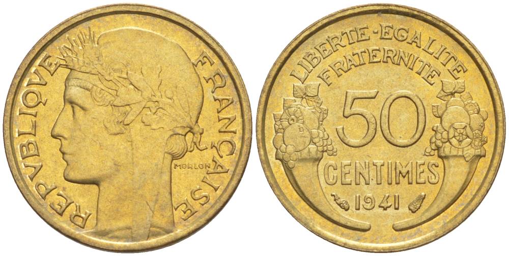 ФРАНЦИЯ 50 САНТИМОВ 1941 ТИП MORLON KM 894.1, LE FRANC 192.18 алюминиевая бронза 44-513