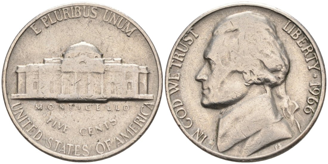 США 5 центов 1966 Джефферсон KM А192 медно-никель 92-1137