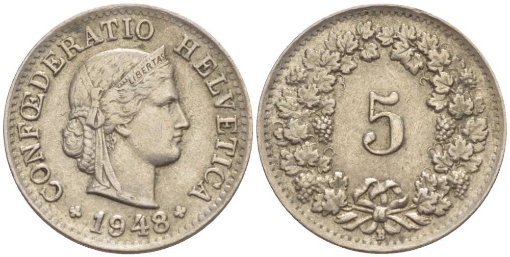 ШВЕЙЦАРИЯ 5 РАППЕНОВ 1948 В KM 26 медно-никель 4532-944