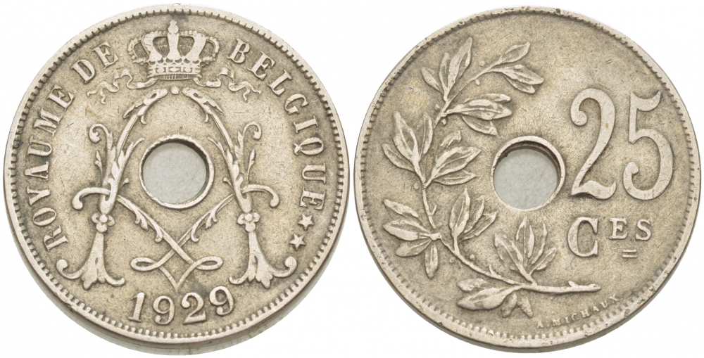 БЕЛЬГИЯ 25 САНТИМОВ 1929 BELGIQUE KM 68.1 медно-никель 87-1544