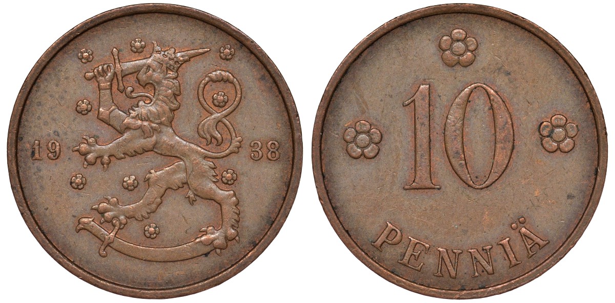 Финляндия 10 пенни 1938 KM 24 медь 51-3031