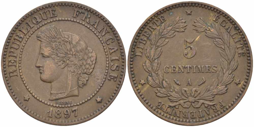 ФРАНЦИЯ 5 САНТИМОВ 1897 A, ТРЕТЬЯ РЕСПУБЛИКА (1871-1940) KM 821.1, LE FRANC 118.41 бронза 108-751
