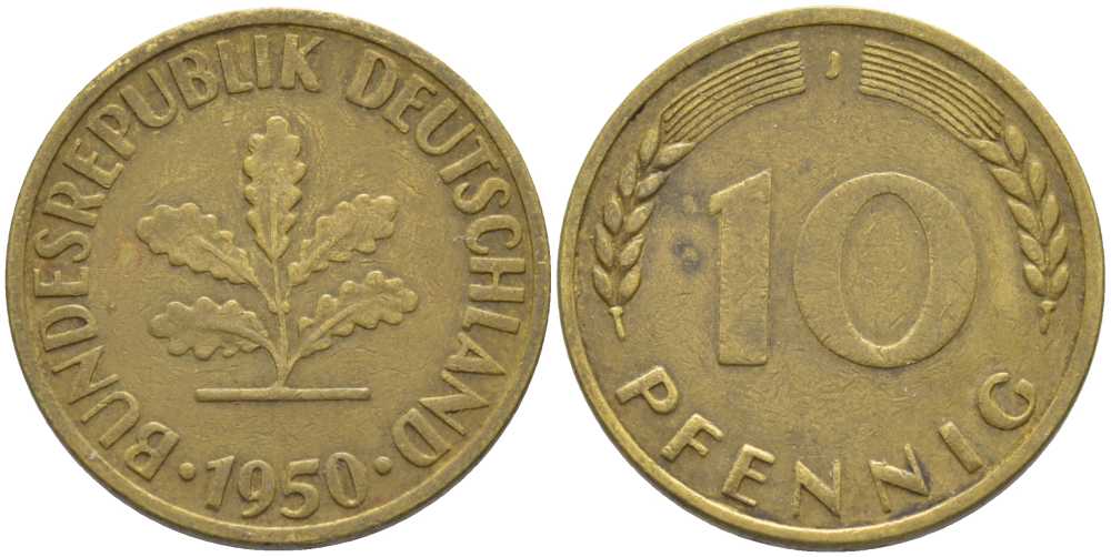 ФРГ 10 ПФЕННИГОВ 1950 J KM 108, J. 383 сталь плакированная латунью 175-736