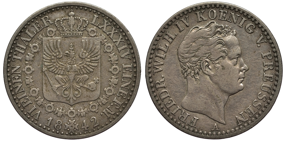 Пруссия 1/6 талера 1842 A, ФРИДРИХ ВИЛЬГЕЛЬМ IV (1840-1861) KM 436,1, Jaeger 68, AKS 80 серебро 00-00