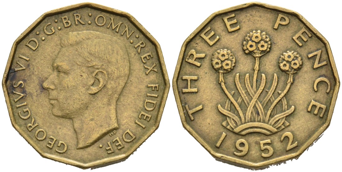 Великобритания 3 пенса 1952 Георг VI (1937-1952) KM 873, Spink 4113 никель латунь 4561-1017
