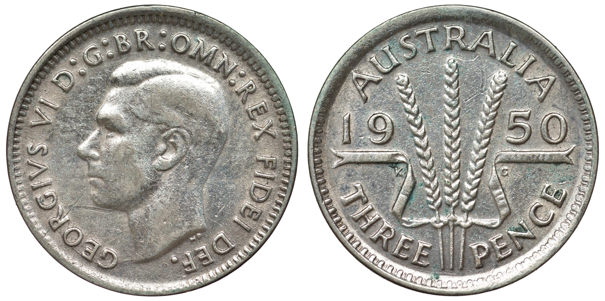 Австралия 3 пенса 1950 m, Георг VI (1937-1952), без букв KM 44 серебро 71-253