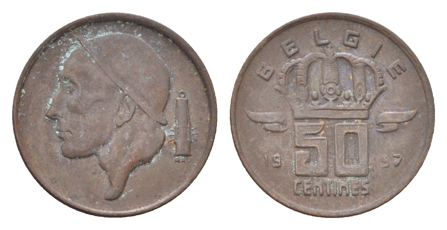 Бельгия 50 сантимов 1957 Belgie, Бодуэн I (1951-1993) KM 149 бронза 4705-255