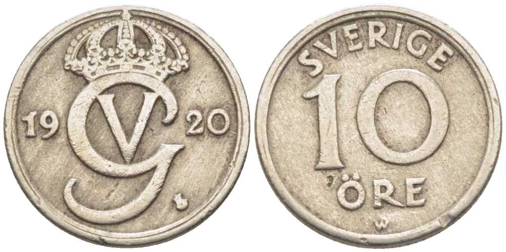 Швеция 10 эре 1920 W, Густав V (1907-1950) KM 795 никель бронза 116-1159