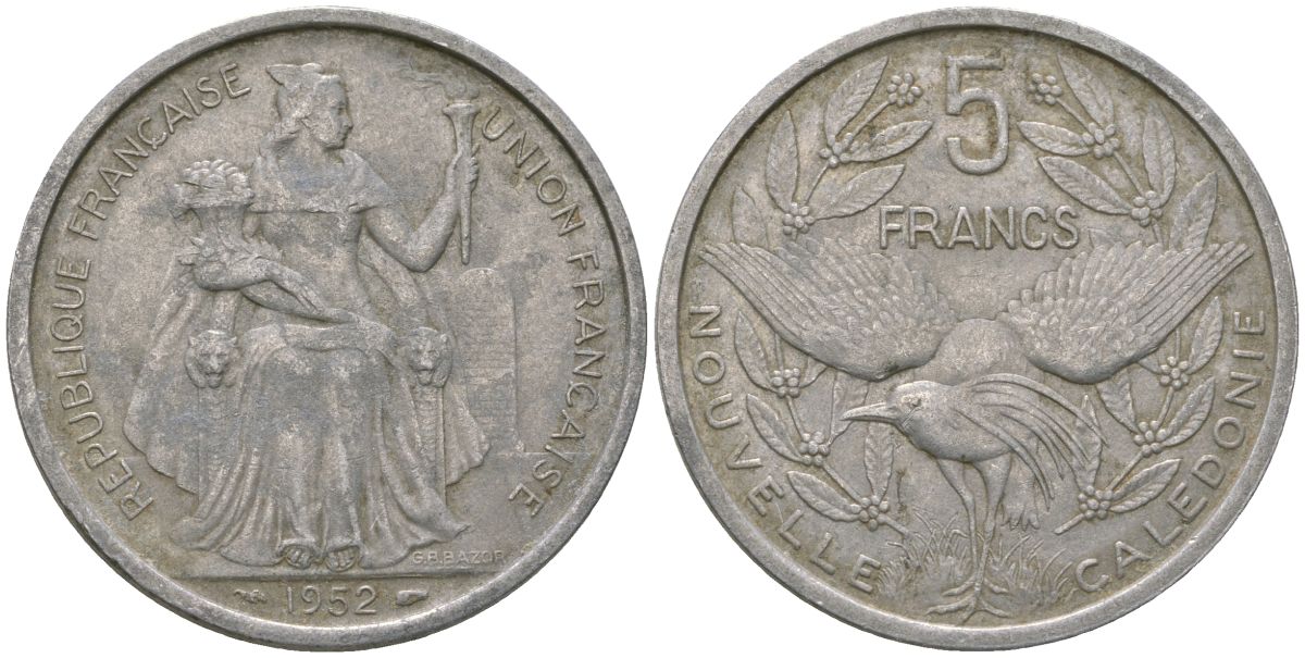 Французская Новая Каледония 5 франков 1952 птица кагу, (IEOM) KM 4, Schoen 4, Lec 71 алюминий 180-142
