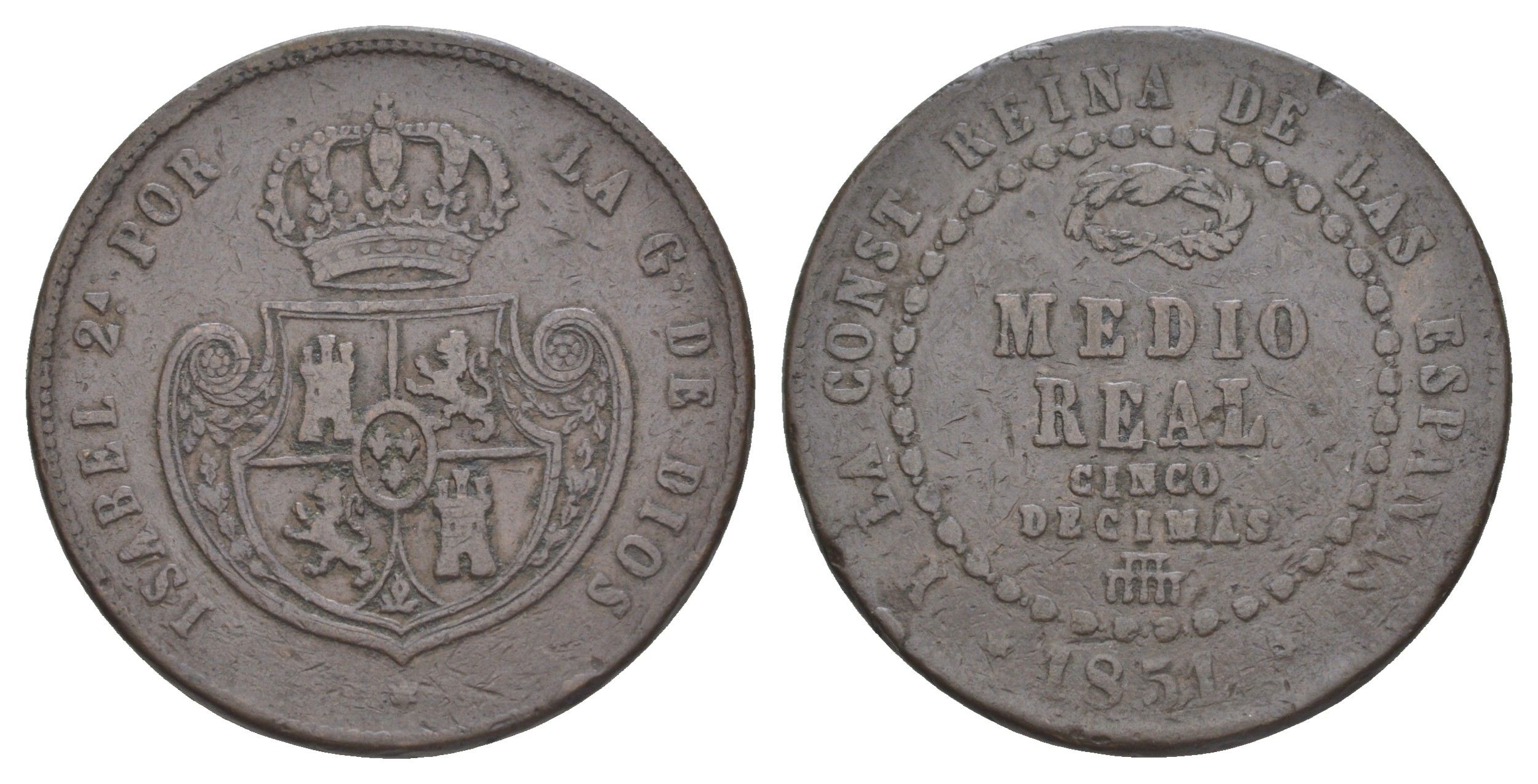 Испания 1/2 реала 1851 Изабелла II (1833-1868) KM 591 медь 3896-1115