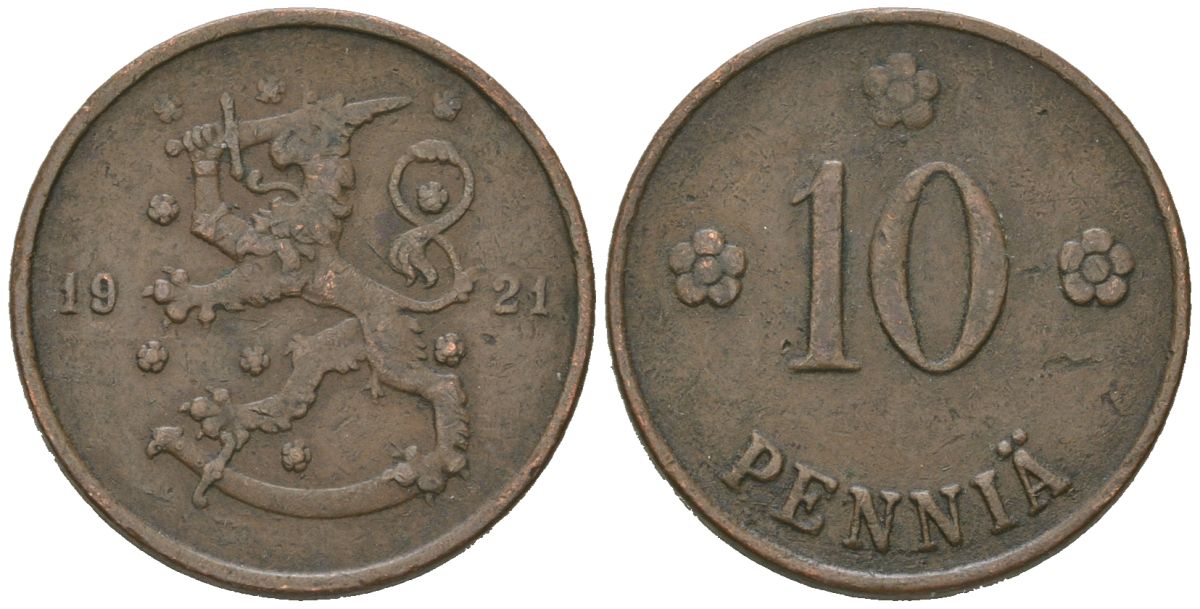 Финляндия 10 пенни 1921 H KM 24 медь 4615-336