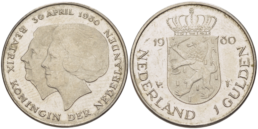Нидерланды 1 гульден 1980 на коронацию Беатрикс, 30 апреля 1980 KM 200 никель 31-843