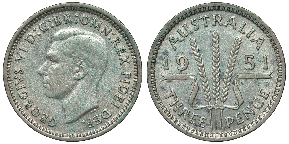 Австралия 3 пенса 1951 m, Георг VI (1937-1952), без букв KM 44 серебро 71-263