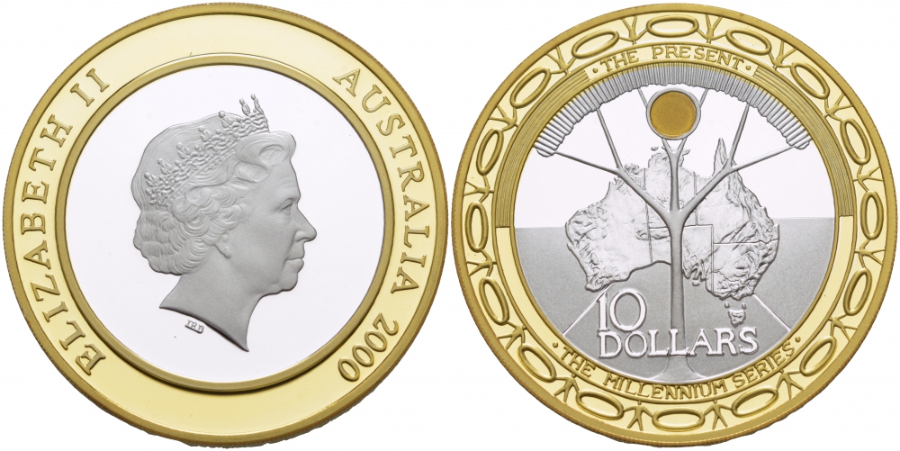 Австралия 10 долларов 2000 миллениум, серебро, позолота KM 511 биметалл PROOF 11-091-43