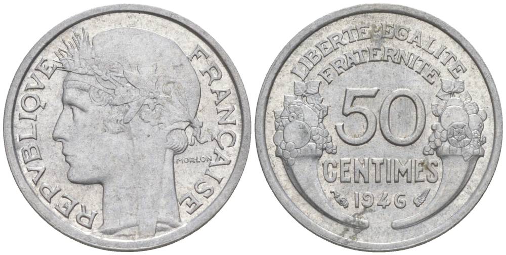 ФРАНЦИЯ 50 САНТИМОВ 1946 ТИП MORLON LOURDE KM 894.1a, LE FRANC 194.7 алюминий 44-343