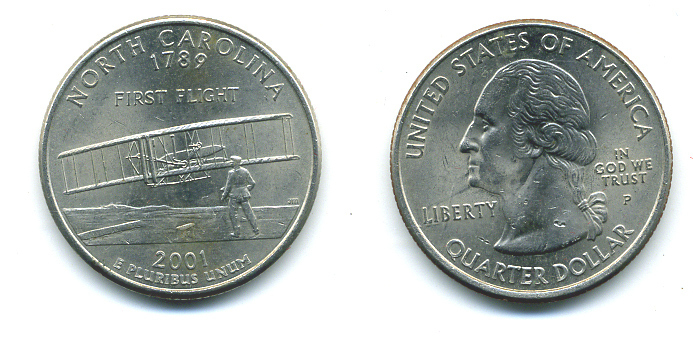 США 25 центов = квотер 2001 Р, серия штаты США, Северная Каролина KM 319 медь плакированная медно-никелем 4388-826