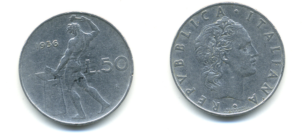 Италия 50 лир 1956 R, бог огня Вулкан у наковальни KM 95.1 нержавеющая сталь 4379-1037
