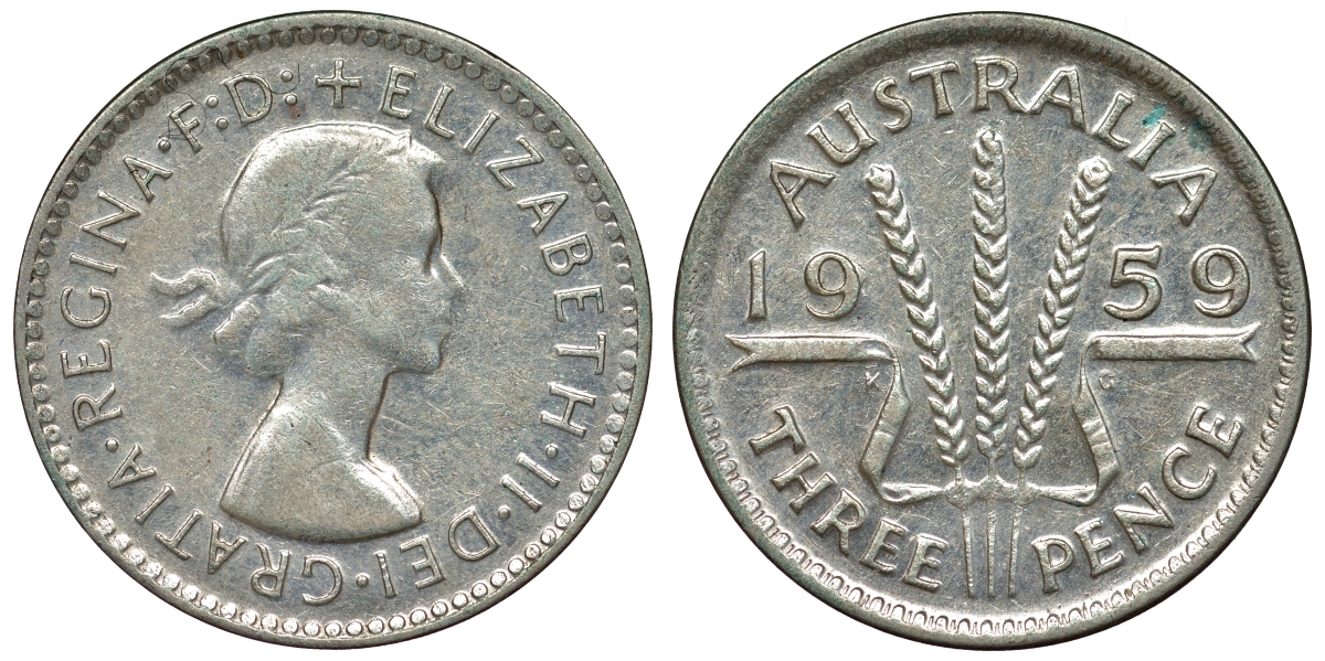 Австралия 3 пенса 1959 m, Елизавета II (1952-2022) KM 57 серебро 71-624