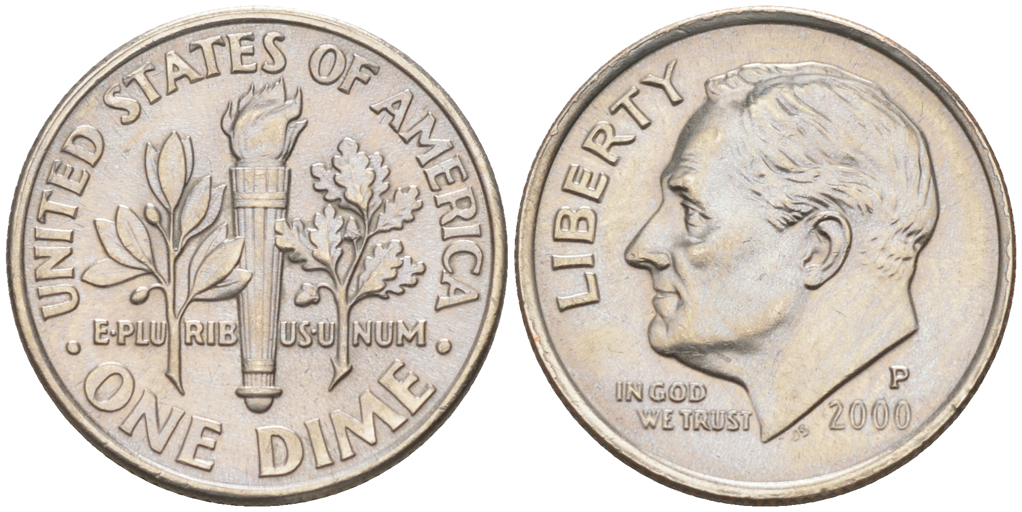 США 10 ЦЕНТОВ = 1 ДАЙМ 2000 P, РУЗВЕЛЬТ KM 195a медь плакированная медно-никелем 188-728