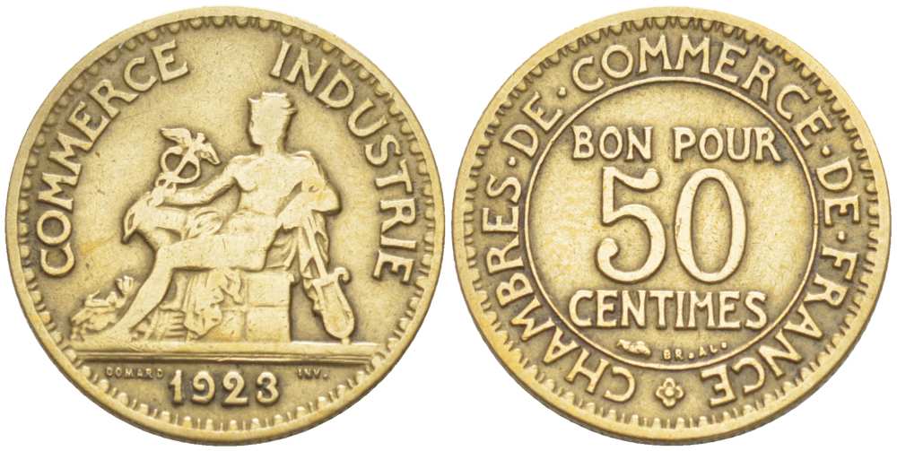 ФРАНЦИЯ 50 САНТИМОВ 1923 CHAMBRES DE COMMERCE KM 834, LE FRANC 191.6 алюминиевая бронза 105-453