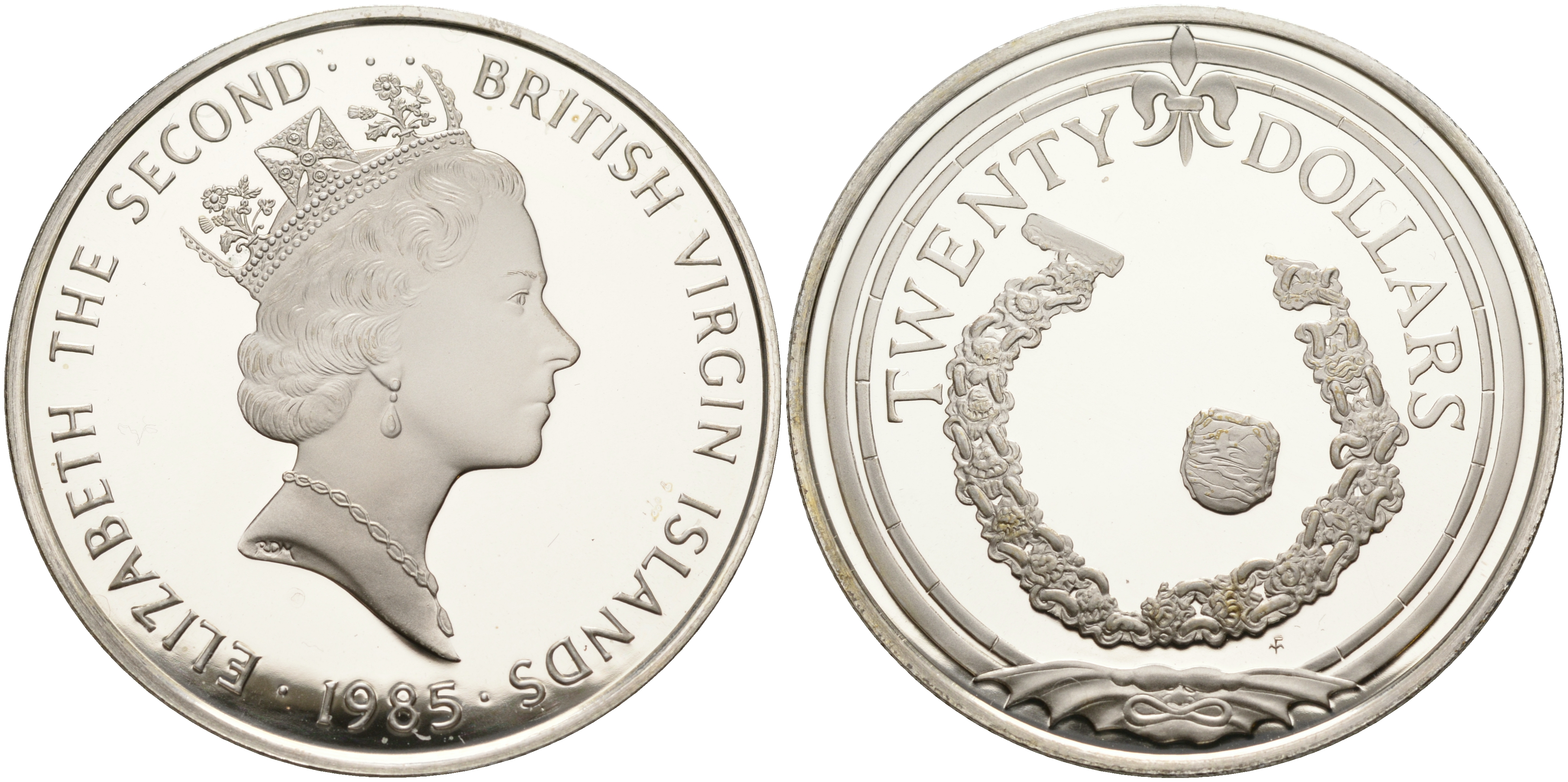 Британские Виргинские острова 20 долларов 1985 золотой браслет и пуговица KM 72 серебро  PROOF  1095-2-32