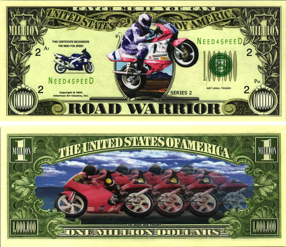 США 1000000 ДОЛЛАРОВ 2002 СУВЕНИРНАЯ БАНКНОТА, СЕРИЯ 2, ДОРОЖНЫЕ ВОЙНЫ, КОЛЬЦЕВЫЕ ГОНКИ НА МОТОЦИКЛАХ, МОТОЦИКЛ, МОТОБАЙК бумага UNC (ПРЕСС) 7198-39-1-2