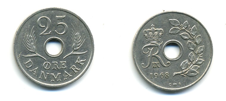 Дания 25 эре 1968 С;S, Фредерик IX (1947-1972) KM 855.1 медно-никель 80-345