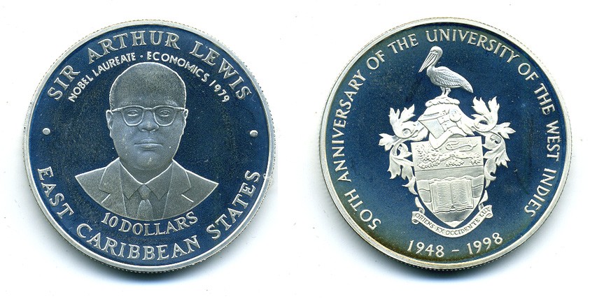 Восточно-Карибские штаты 10 долларов 1999 сэр Артур Левис, нобелевский лауреат, 50 лет университету Западной Индии KM 28 серебро PROOF 7-5-44-24