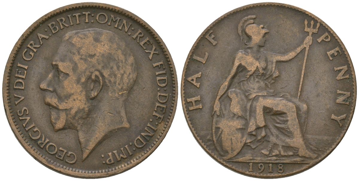 Великобритания 1/2 пенни 1918 Георг V (1910-1936) KM 809, Spink 4056 бронза 4163-937