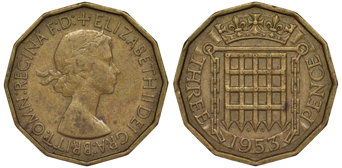 Великобритания 3 пенса 1953 Елизавета II (1952-2022) KM 886, Spink 4152 никель латунь 4128-835