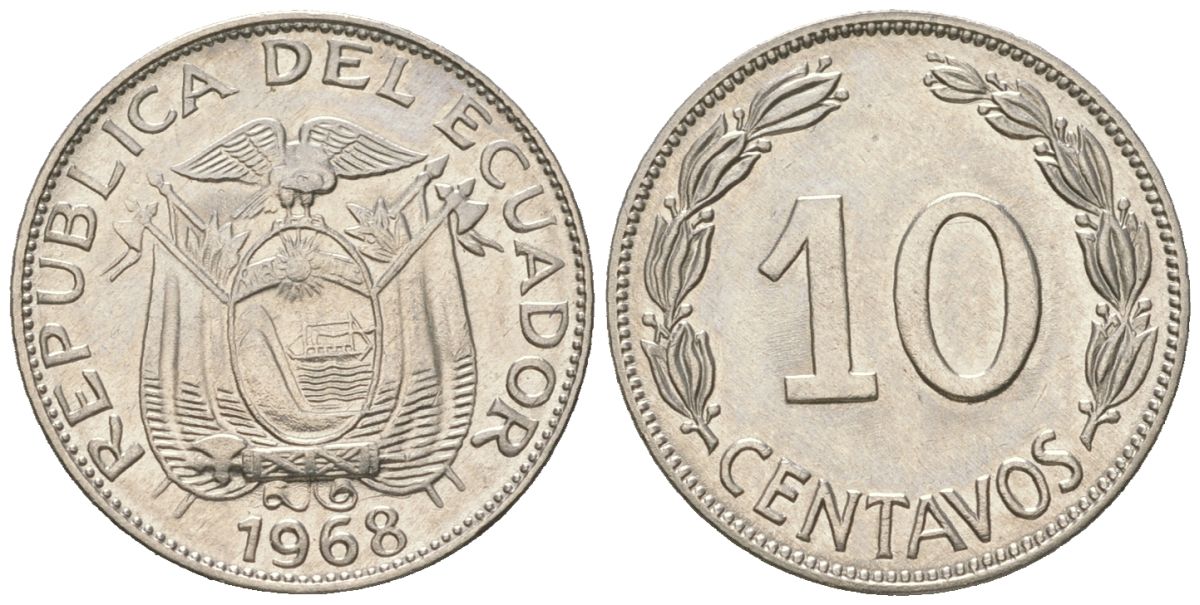 Эквадор 10 сентаво 1968 KM 76c сталь плакированная никелем aUNC 4585-824
