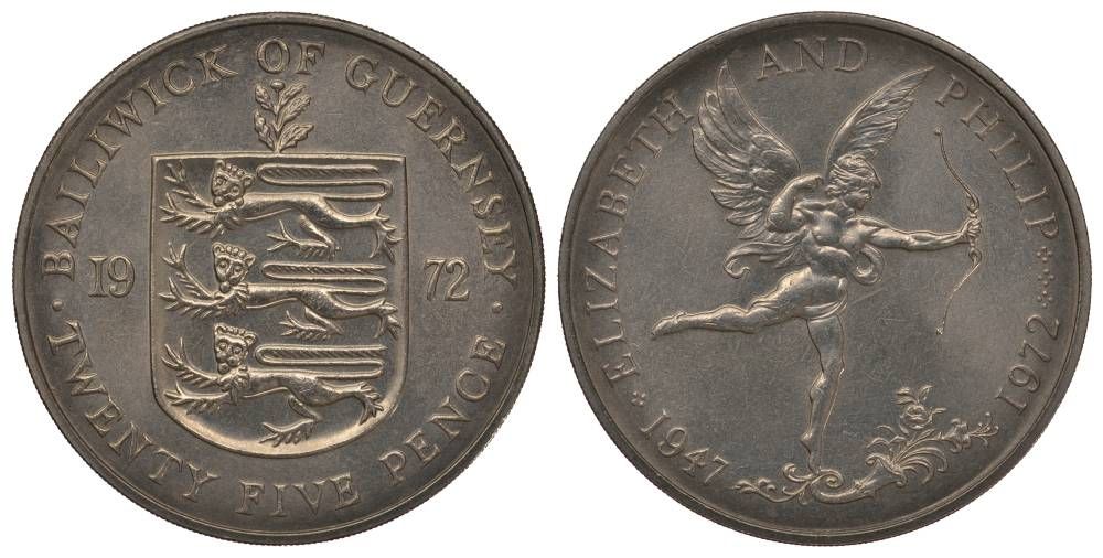 Гернси 25 пенсов 1972 25 лет свадьбы Елизаветы II и Филиппа, амур KM 26 медно-никель UNC 1078-3-41