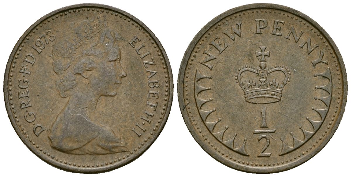 Великобритания 1/2 пенни 1973 Елизавета II (1952-2022) KM 914, Spink 4239 бронза 4173-813