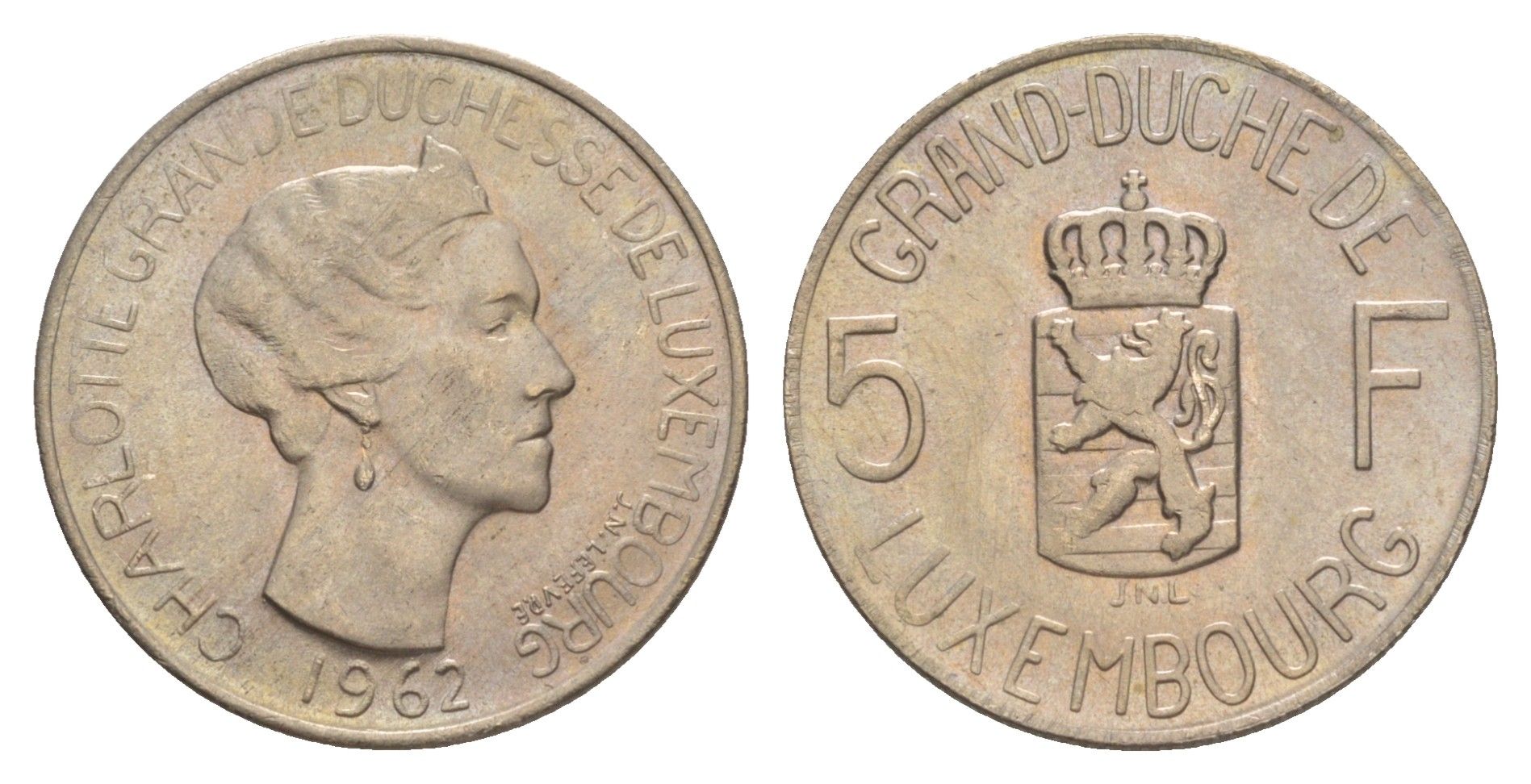 Люксембург 5 франков 1962 Шарлотта (1918-1964) KM 51 медно-никель UNC 4641-1037