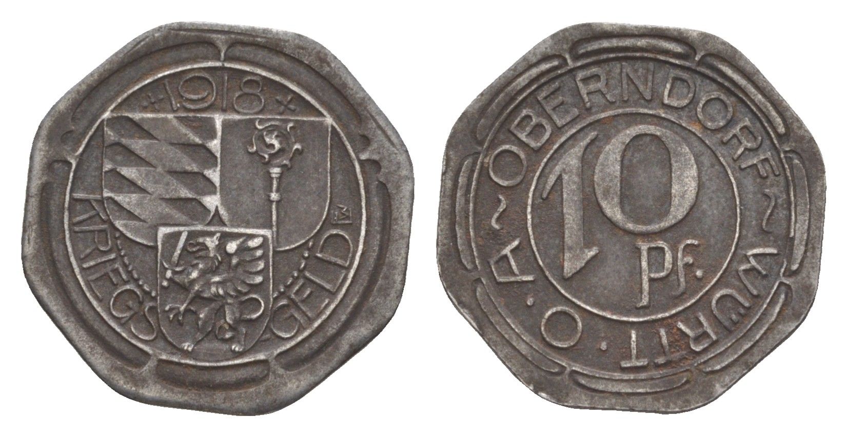 Оберндорф 10 пфеннигов 1918 Funck 392.2, Men05 19547.4, Men18 24506.4 железо 4636-763