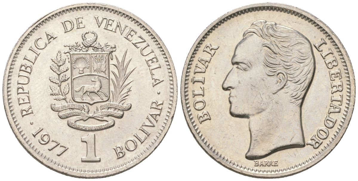 Венесуэла 1 боливар 1977 Симон Боливар KM 52, Schon 62 никель aUNC 4398-125