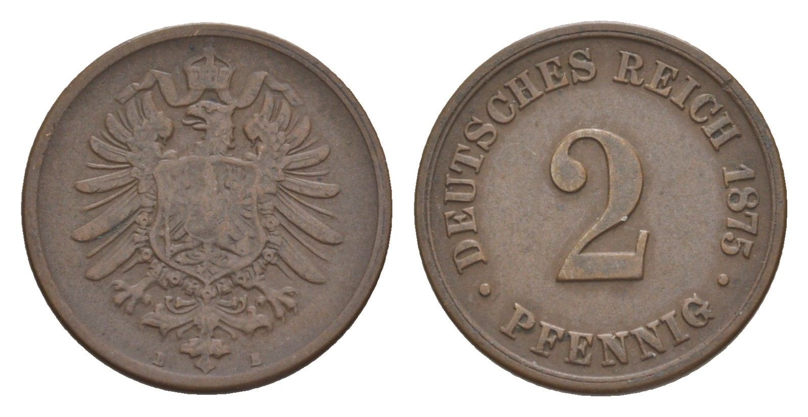 Германия 2 пфеннига 1875 E, Вильгельм I (1871-1888) KM 2, J. 2, Weege 3 медь 4639-1166