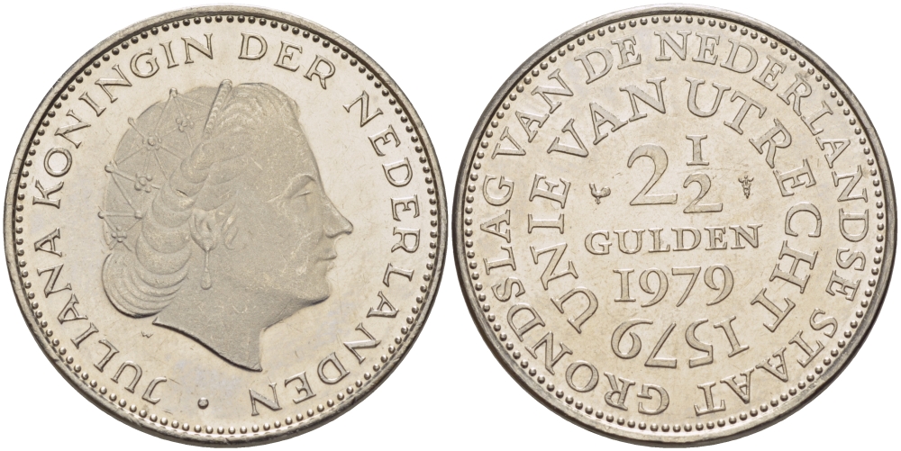 Нидерланды 2 1/2 гульдена 1979 400 лет Утрехтскому союзу, Юлиана (1949-1980) KM 197 никель 82-1241